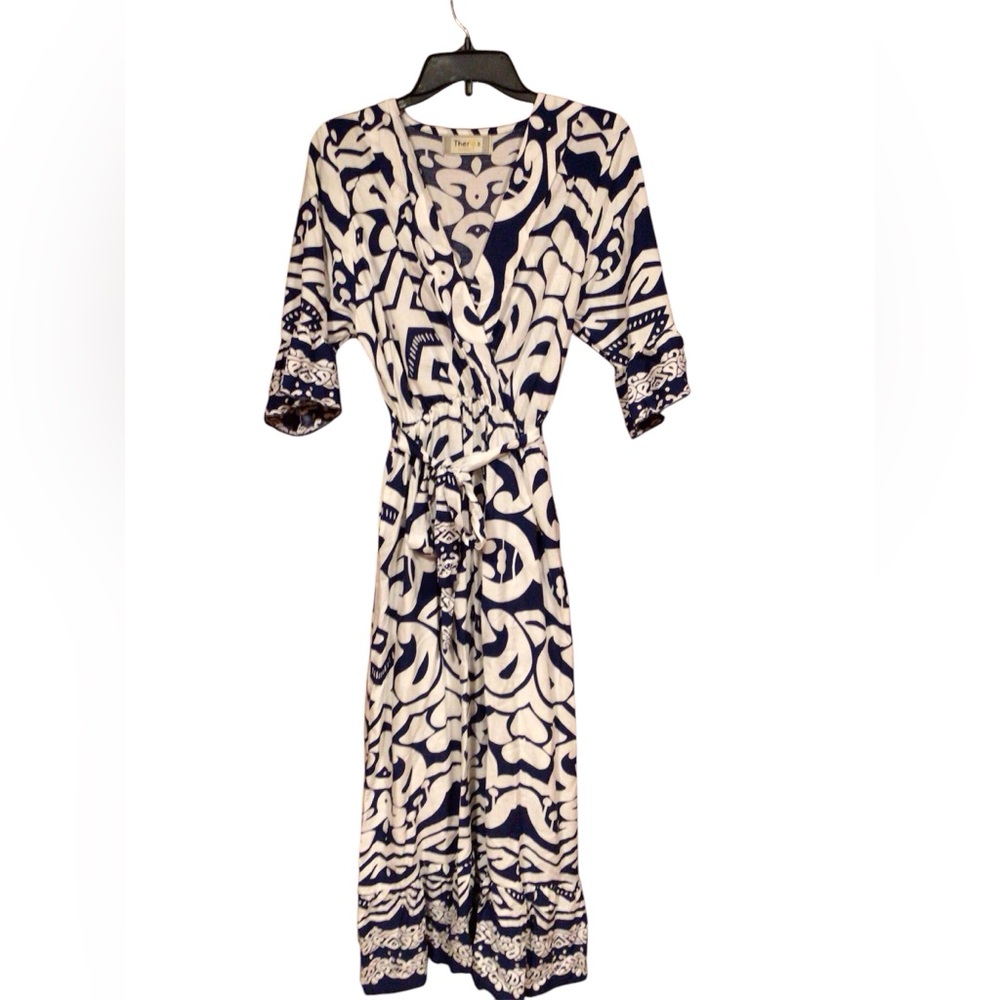 Theros Greece blue and white belted maxi dress